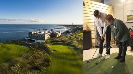 Hotel aus der Vogelperspektive und Golfübungen. Hotel aus der Vogelperspektive und Golfübungen.