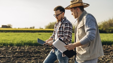 Wirt sucht Bauer, Bauer findet Wirt Zwei Männer laufen auf dem Acker und begutachten die Saat