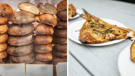 Eingelegtes, würziges Brot und gefüllte Teigtaschen Eingelegtes, würziges Brot und gefüllte Teigtaschen