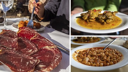 Typische Gerichte aus Rueda Typische Gerichte, Kichererbseneintopf, Trockenfleisch vom Rind und gefüllte Täubchen.