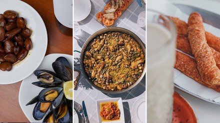 Paella Feine Tapas, leuchtend gelbe Paella und Fartòns, ein valencianisches Hefegebäck