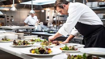 Küche Koch richtet essen in der Küche an