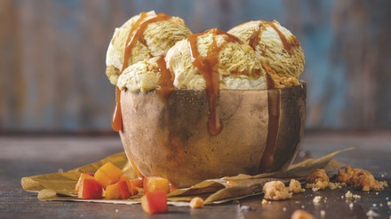 Apfeleis mit Apfelstückchen, Bourbonvanilleeis, Hafer-Crumble-Stücken, Apfelsauce und Zimt Apfeleis mit Apfelstückchen, Bourbonvanilleeis, Hafer-Crumble-Stücken, Apfelsauce und Zimt