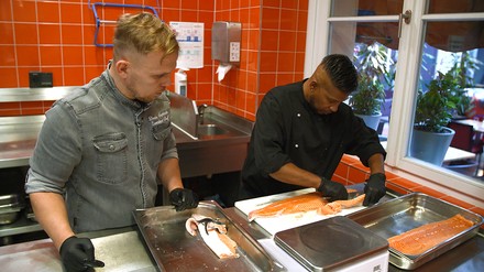 Ben Brahim lernt wie man einen Lachs filetiert Ben Brahim lernt wie man einen Lachs filetiert