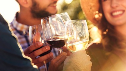 Eine Gruppe junger Leute, die mit Wein anstoßen