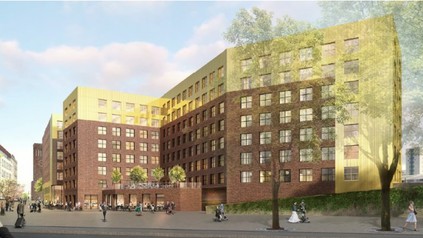 Die Ansicht des neuen Hotel-Ensembles vom Düsseldorfer Mintropplatz aus. (Foto: GBI AG)