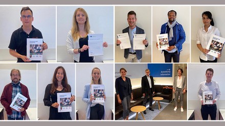 Abschlussfotos der Hotelbetriebswirtinnen/Hotelbetriebswirte (IHK) und des Prüfungsgremiums.