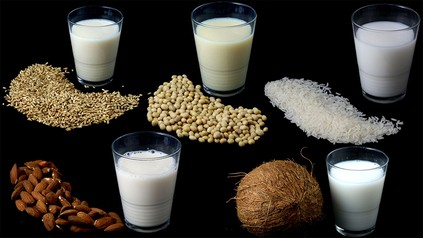 Verschiende Milchalternativen im Glas und ihre Hauptzutat
