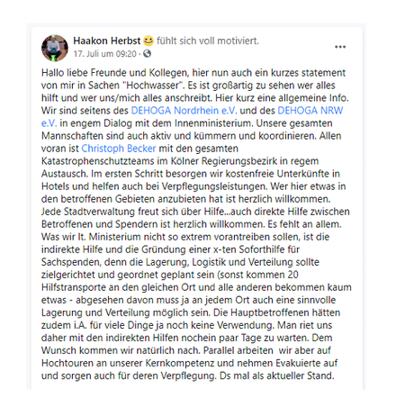 Screenshot eines Facebook-Posts von Haakon Herbst in dem er sich zum Hochwasser in NRW 2021 äußert