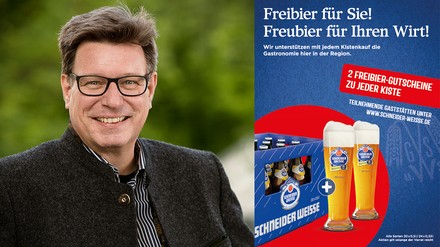 Georg Schneider und ein Marketing-Plakat für die Schneider-Weisse-Aktion „Freubier für den Wirt“