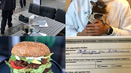 Eine Fotocoulage aus Bildern die einen Burger zeigen, die Strafanzeige mit der angezeigten Straftat, Attila Hildmann mit seinem Hund und Polizeiaufgebot vor seinem Restaurant