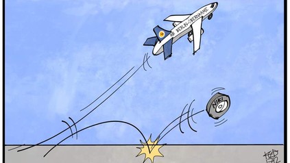 eine Karikatur zeigt ein startendes Flugzeug auf dem Air Berlin-Übernahme steht und einen abgebrochenen Reifen auf dem Niki steht