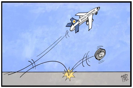 eine Karikatur zeigt ein startendes Flugzeug auf dem Air Berlin-Übernahme steht und einen abgebrochenen Reifen auf dem Niki steht