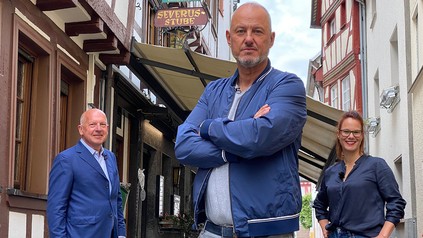 Thomas Hirschberger, Frank Rosin und Eva-Miriam Gerstner für die neue TV-Show "Rosins Restaurant - Jetzt erst Recht!"