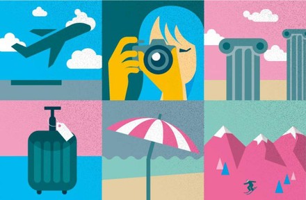 Eine Collage aus Abbildungen von einem abhebenden Flugzeug, einer Dame die fotografiert, altertümlichen Säulen, einem Koffer, einem Sonnenschirm am Strand und einem Skifahrer in den Bergen