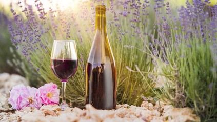 Eine Flasche und ein Glas gefüllt mit Wein stehen in der Natur