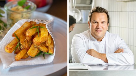 Sascha Wolter (re. im Bild) hat sich mit „Frittenlove“ der Kreation neuer Geschmacksvarianten von Pommes Frites verschrieben – wie hier: Rosmarin-Fritten (li.). (Foto: ©Florian Imberger/Frittenlove)
Spitzenkoch Sascha Wolter hat unter der Marke Frittenlove unter anderem Rosmarin Fritten entwickelt