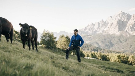 Der respektvolle Umgang mit Tier und Natur ist für Stephan Mühlmann, Geschäftsführer des Naturhotel Leitlhof in den Dolomiten selbstverständlich. (Foto: © Rabensteiner Mike)
Stephan Mühlmann auf einer Weide