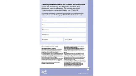 Formular der Stadt Wien aus, mit dem sich jeder Gast bei einem Lokalbesuch registrieren muss