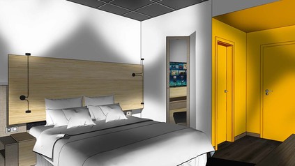 Rendering eines Zimmers des neuen Greet-Hotels in Berlin