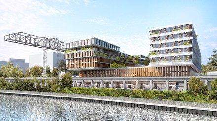 Blick Richtung Nordwesten vom Südufer des Teltowkanals aus: Der Food Campus Berlin soll eine Zukunftsplattform für Ernährung und Planetary Health werden. (Visualisierung: © TCHOBAN VOSS ARCHITEKTEN) Food Campus Berlin