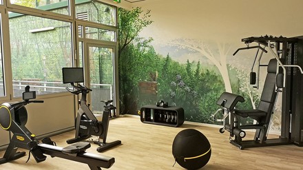 Entstanden ist eine Naturszenerie mit vielen feinen Schattierungen, voller Farbintensität und Dynamik, die in eine ungewöhnliche optische Beziehung zu den neuen modernen Fitnessgeräten eingeht. (Foto: © Hotel Krefelder Hof) Naturszenerie