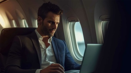 ein Hoteldirektor auf seinem Weg zu einem Auslandstermin. (Foto: © Ladanifer / stock.adobe.com) Ein KI-generiertes Bild von einem Mann in Anzug, der auf seinem Platz im Flugzeug sitzt und in seinen aufgeklappten Laptop schaut.