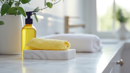 Hootelbadezimmer mit Granit-Handtuchhalter mit gelben Handtuch und Seifenspender