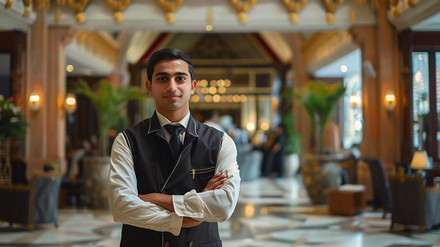 junger, indischer Mann in Hotelkleidung in einer Hotel-Lobby