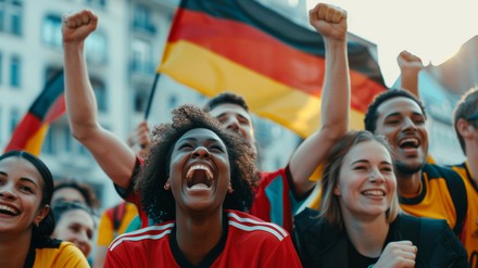 Jubelnde Fußball-Fans verschiedener Hautfarben