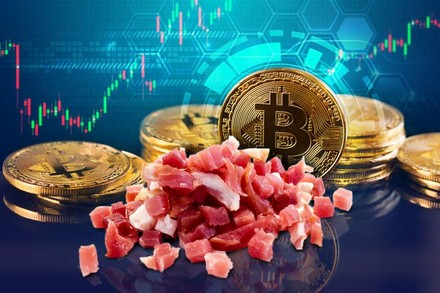 Bitcoins hinter einem stapel gewürfelten Schinken