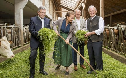 Sepp Schwaiger, Sarah Wiener, Christian Pöpperl und Gerhard Woerle bei der Stallarbeit