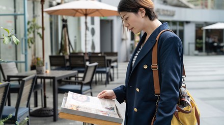 Frau steht vor einem Restaurant und schaut in die Speisekarte