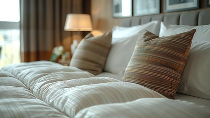 Hotelbett mit Kissen und Decke