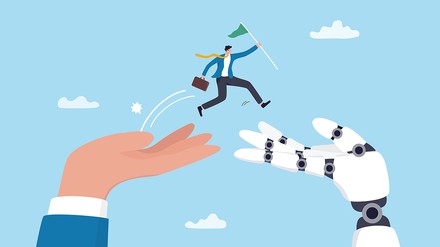 Grafik, ein Arbeitnehmer springt von einer natürlichen Hand auf eine Roboter-Hand