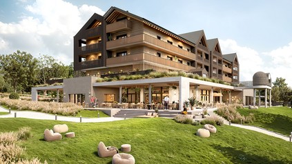 Visualisierung des Design- und Lifestyle-Hotels Schutzhütte in Willingen mit moderner Holzfassade, großer Terrasse und Außenbereich
