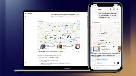 Screenshot der ALL Accor App in ChatGPT auf Laptop und Smartphone mit Hotelsuche, Kartenansicht und angezeigten Preisen.