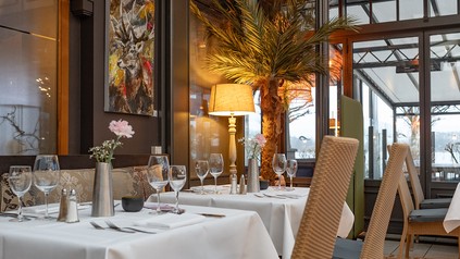 Neu gestaltete Orangerie im Seehotel Niedernberg mit gedeckten Tischen, hohen Decken, Palmenpflanze und warmem Lichtambiente.