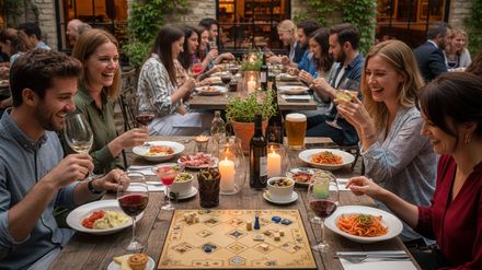 Gesellige Runde in einem Restaurant Innenhof