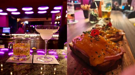 Collage aus Cocktails in der Rooftopbar des Flesslers Lenggries und einem Toast Hawaii