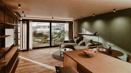 Visualisierung des Wohnbereichs einer neuen Bergsuite im Bergkristall mit Holzelementen, Sitzecke, Kitchenette und Zugang zur Terrasse.