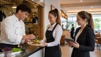 Drei junge Mitarbeiter aus Küche, Service und Hotelmanagement arbeiten gemeinsam in einem modernen Hotelrestaurant.