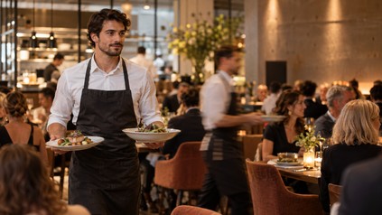Servicekraft trägt in einem voll besetzten Restaurant zwei Teller und bleibt während der Stoßzeit ruhig und konzentriert.