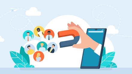 Illustration eines Smartphones mit Hufeisenmagnet, der Bewerberprofile anzieht.