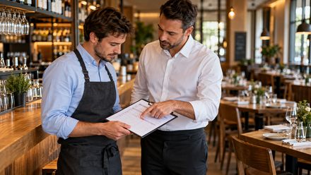 Ein Restaurantmitarbeiter und ein Schichtleiter besprechen einen Dienstplan auf einem Klemmbrett.