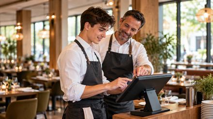 Ein junger Restaurantmitarbeiter lernt mit Unterstützung eines erfahrenen Kollegen die Bedienung eines digitalen Kassensystems.