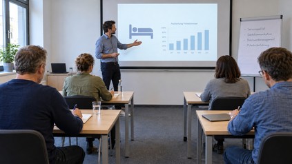 Vier Seminarteilnehmer in Alltagskleidung hören einem Dozenten zu, der ein Diagramm zur Hotelauslastung erklärt.