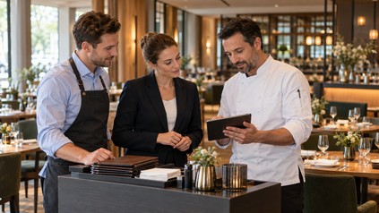 Drei Mitarbeiter aus Service, Küche und Hotel besprechen an einem Tablet den Ablauf im Hotelrestaurant.