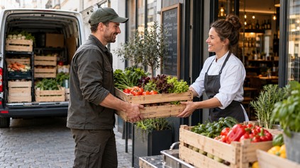 Lieferant am Restaurant übergibt Gemüsekiste an Frau