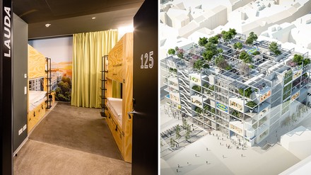 Blick in eines der Musterzimmer von Jo&Joe – daneben der Entwurf für den neuen IKEA am Westbahnhof Wien